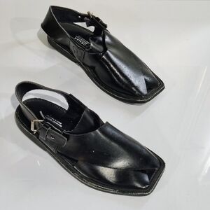 POSHAK Men's Black Leather Slip-On Sandal with Back Strap